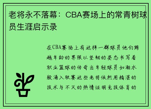 老将永不落幕：CBA赛场上的常青树球员生涯启示录