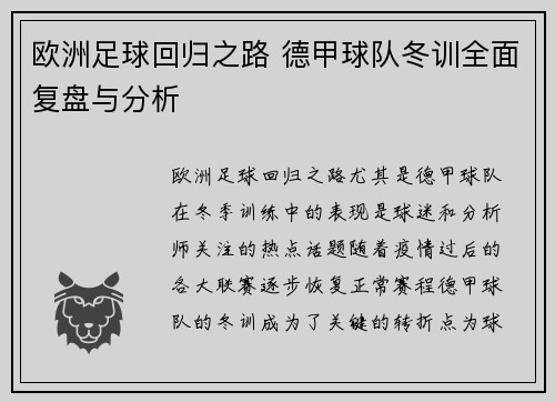 欧洲足球回归之路 德甲球队冬训全面复盘与分析