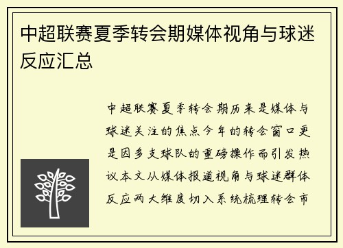 中超联赛夏季转会期媒体视角与球迷反应汇总