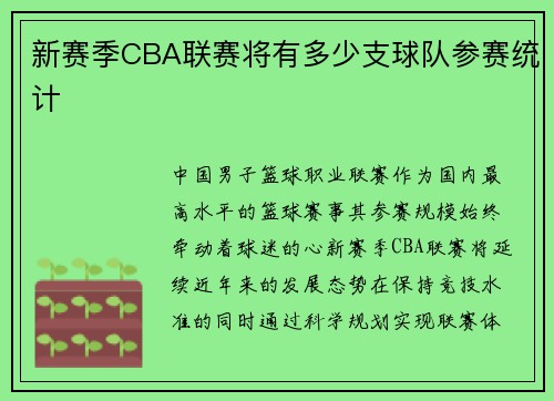 新赛季CBA联赛将有多少支球队参赛统计