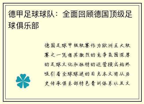 德甲足球球队：全面回顾德国顶级足球俱乐部