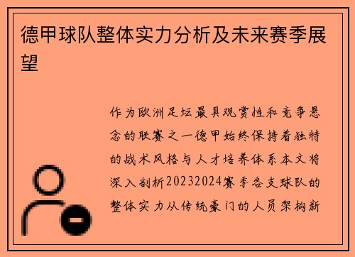 德甲球队整体实力分析及未来赛季展望